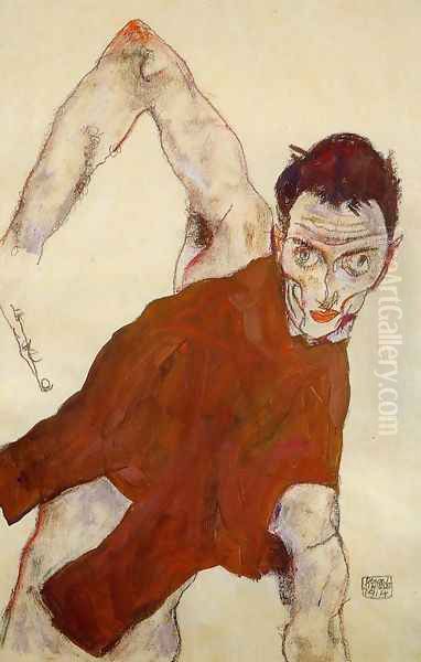 Self Portrait In Jerkin With Right Elbow Raised Oil Painting by Egon Schiele