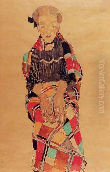 Girl In Black Pinafore Wrapped In Plaid Blanket Oil Painting by Egon Schiele