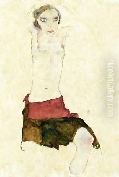 Semi-Nude with Colored skirt and Raised Arms Oil Painting by Egon Schiele