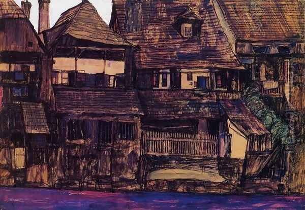 Houses On The Moldau Krumau Oil Painting by Egon Schiele