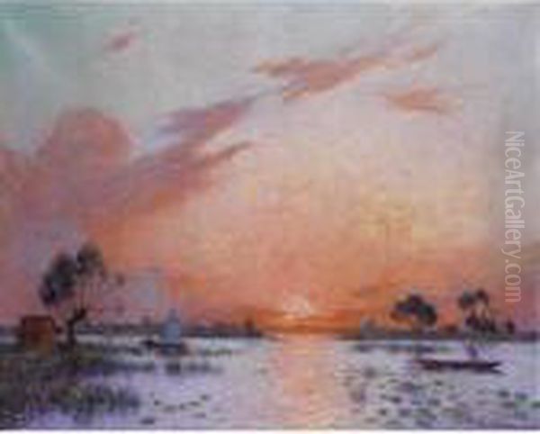 Coucher De Soleil En Briere Oil Painting by Ferdinand Loyen Du Puigaudeau