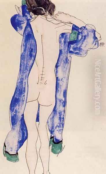 Standing Female Nude In A Blue Robe Oil Painting by Egon Schiele