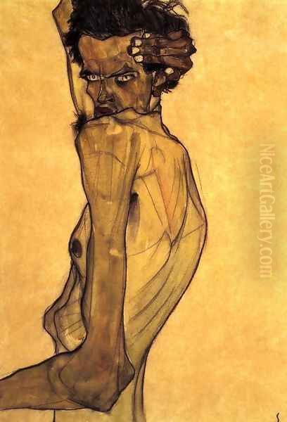 Self Portrait With Arm Twisting Above Head Oil Painting by Egon Schiele