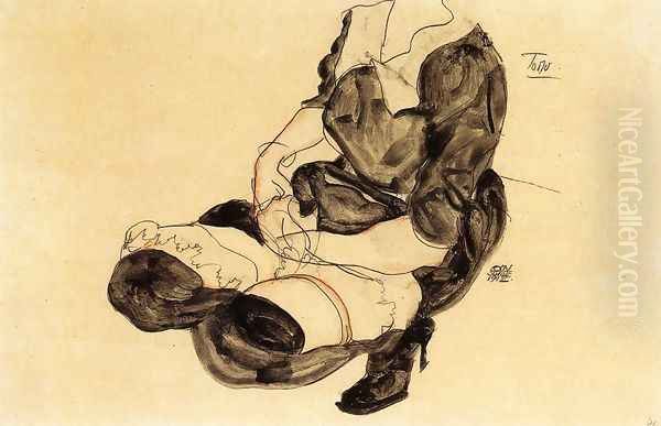 Female Torso Squatting Oil Painting by Egon Schiele