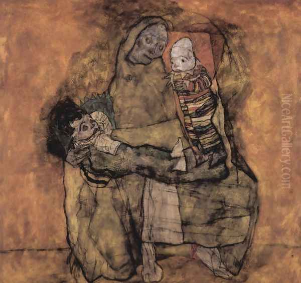 Mother with two children Oil Painting by Egon Schiele