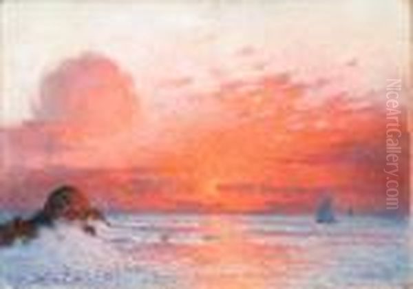 Coucher De Soleil Sur La Mer (voiliers Au Soleil Couchant) Oil Painting by Ferdinand Loyen Du Puigaudeau