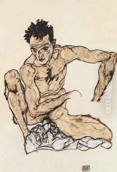 Squatting male act (selfportrait) Oil Painting by Egon Schiele