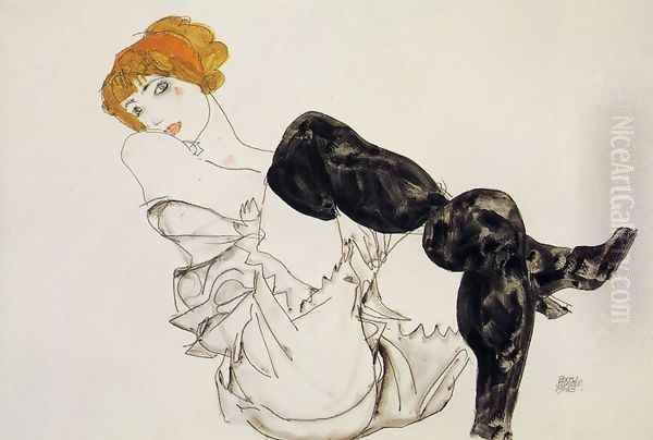 Woman In Black Stockings Oil Painting by Egon Schiele