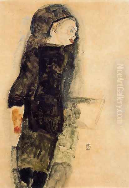 Child In Black Oil Painting by Egon Schiele