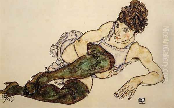 Reclining Woman With Green Stockings Aka Adele Harms Oil Painting by Egon Schiele