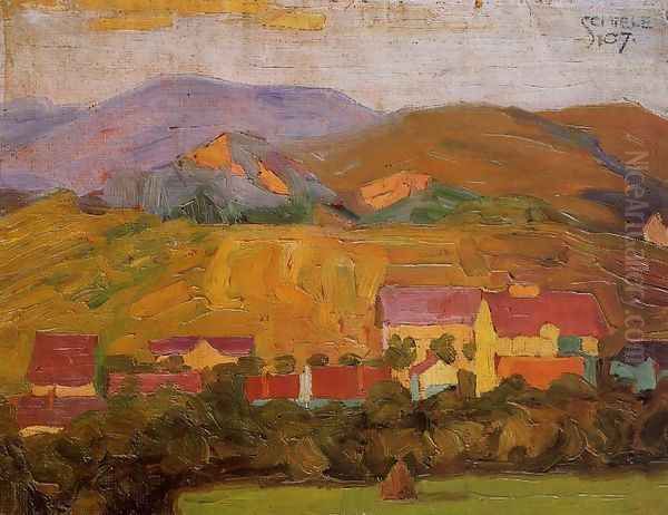 Village With Mountains Oil Painting by Egon Schiele