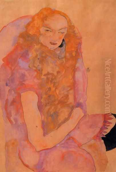 Woman With Long Hair Oil Painting by Egon Schiele