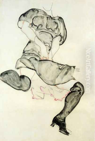 Woman With Black Stockings Oil Painting by Egon Schiele