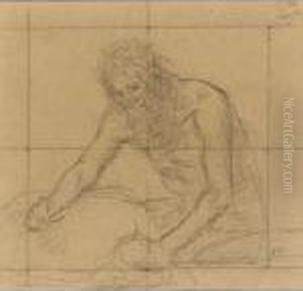 Half-length Study Of A Bearded Old Man, Stripped To The Waist And Leaning Over A Boulder Oil Painting by Pierre-Cecile Puvis De Chavannes