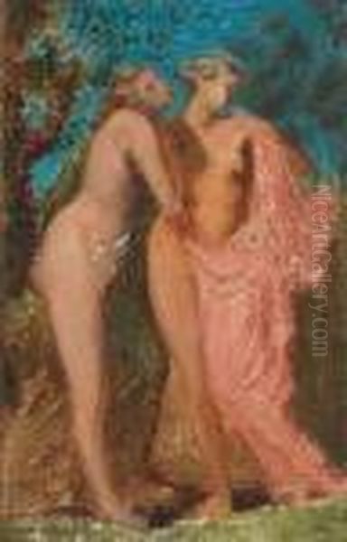 Two Nudes In A Forest Oil Painting by Pierre-Cecile Puvis De Chavannes