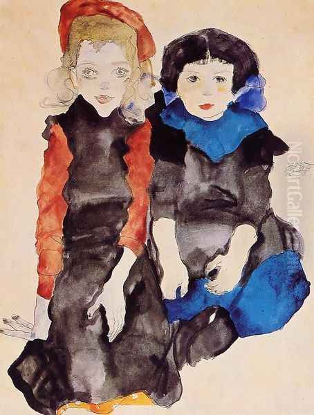 Two Little Girls Oil Painting by Egon Schiele