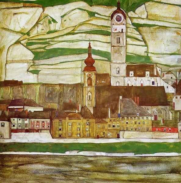 Stein On The Danube With Terraced Vineyards Oil Painting by Egon Schiele