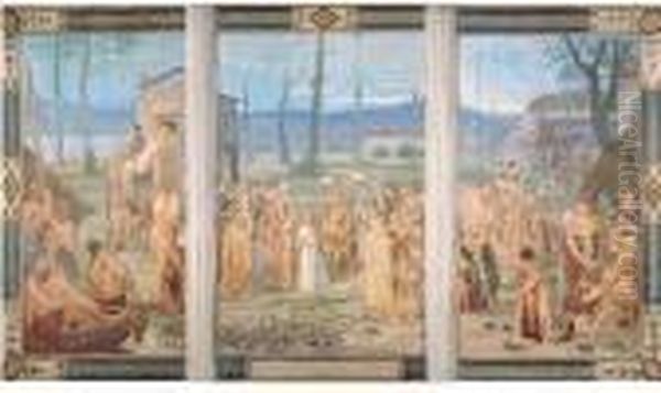 L'enfance De Sainte Genevieve, Esquisse En Triptyque Oil Painting by Pierre-Cecile Puvis De Chavannes