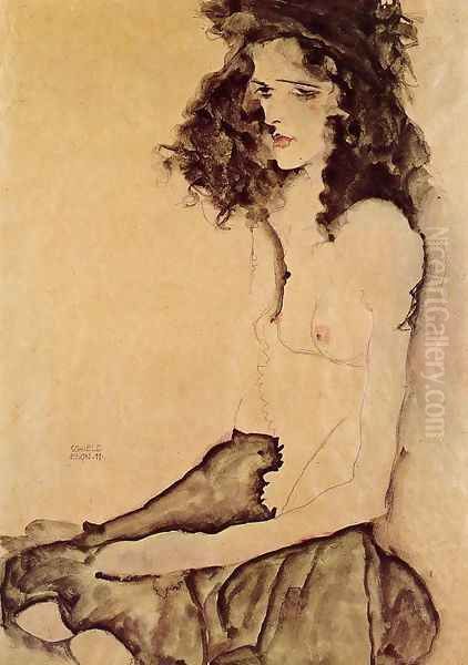 Girl In Black Oil Painting by Egon Schiele