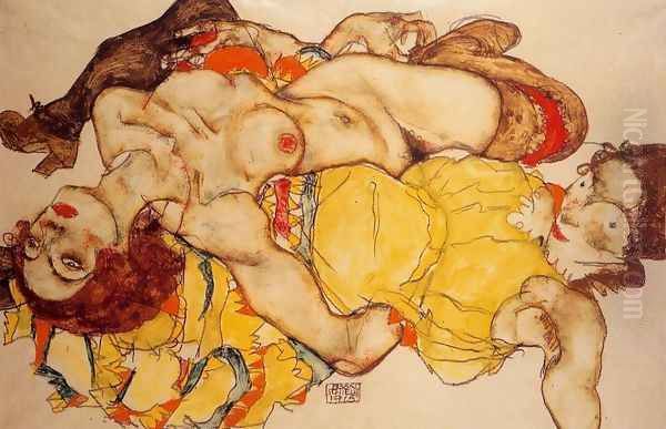 Two Girls Lying Entwined Oil Painting by Egon Schiele