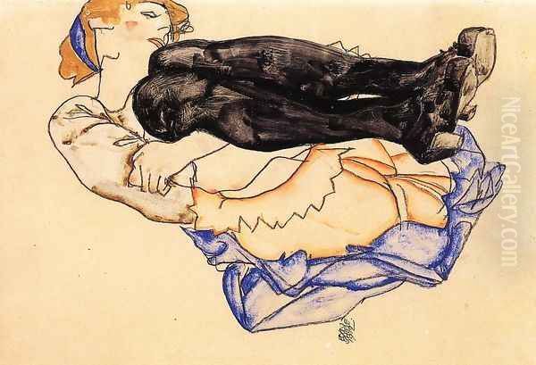 Woman With Blue Stockings Oil Painting by Egon Schiele