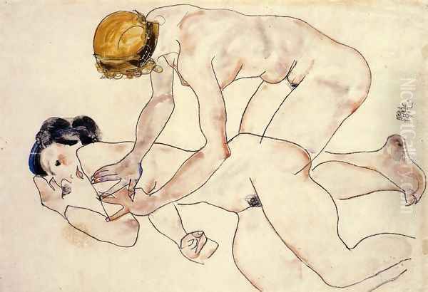 Two Female Nudes One Reclining One Kneeling Aka The Friends Oil Painting by Egon Schiele