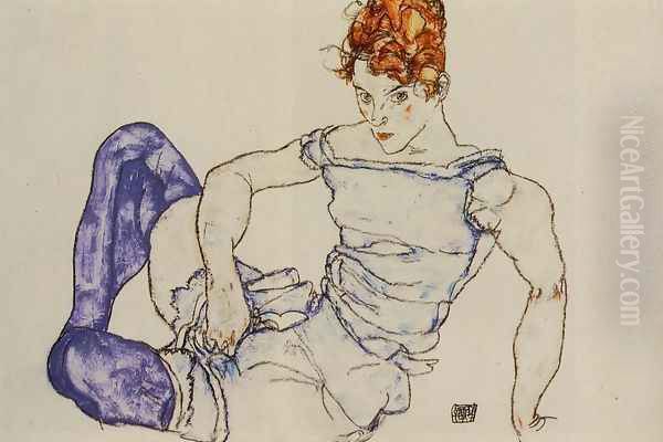 Seated Woman In Violet Stockings Oil Painting by Egon Schiele