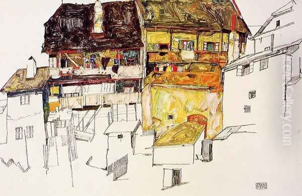 Old Houses In Krumau Oil Painting by Egon Schiele