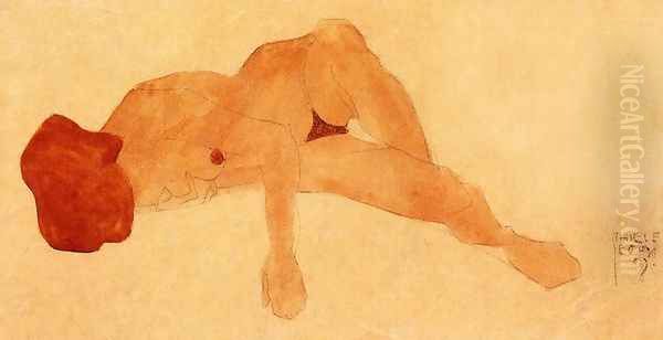 Reclining Female Nude Oil Painting by Egon Schiele