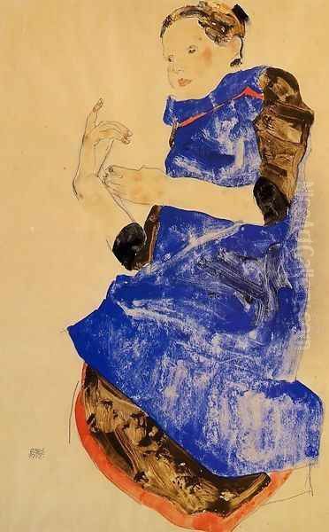 Girl In A Blue Apron Oil Painting by Egon Schiele