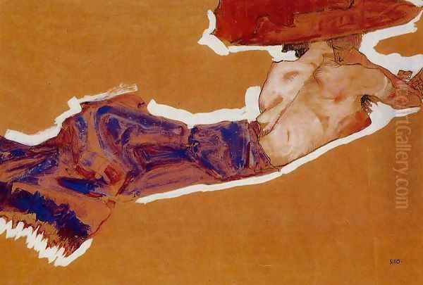 Reclining Semi Nude With Red Hat Oil Painting by Egon Schiele