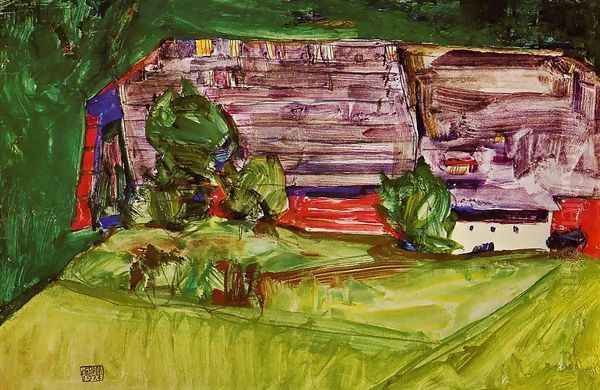 Peasant Homestead In A Landscape Oil Painting by Egon Schiele