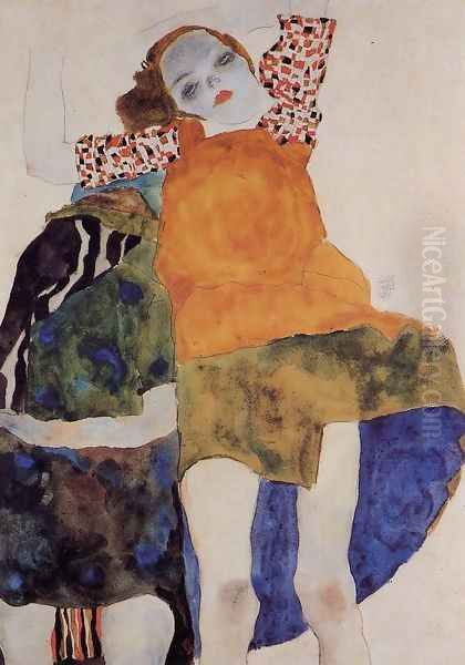 Two Seated Girls Oil Painting by Egon Schiele