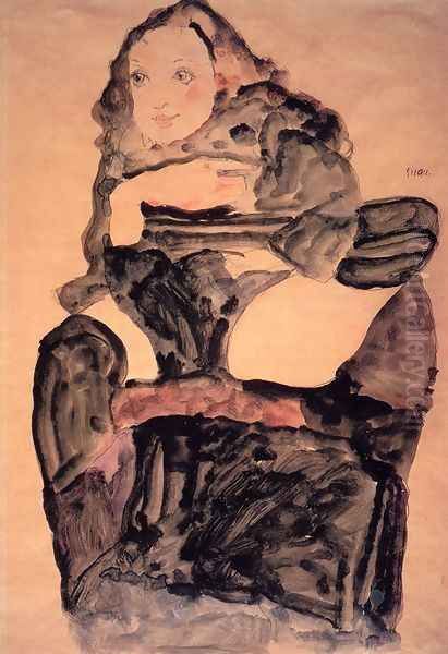 Seated Girl With Raised Left Leg Oil Painting by Egon Schiele