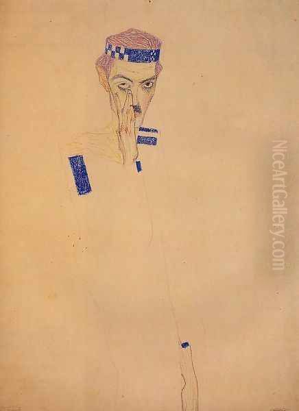 Man With Blue Headband And Hand On Cheek Oil Painting by Egon Schiele