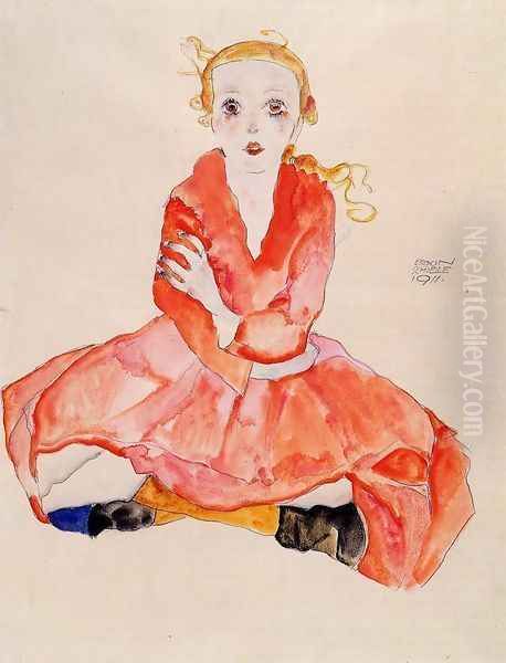 Seated Girl Facing Front Oil Painting by Egon Schiele