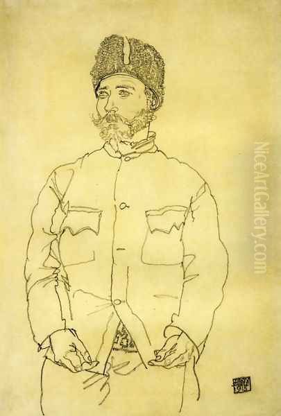 Russian Prisoner Of War With Fur Hat Oil Painting by Egon Schiele