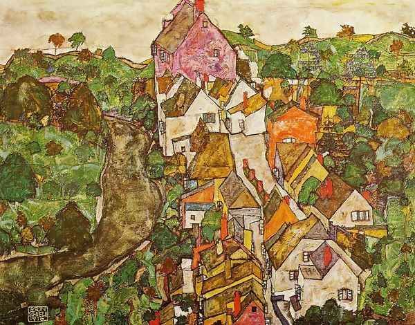 Landscape At Krumau Oil Painting by Egon Schiele