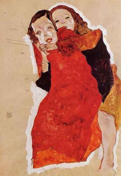 Two Girls Oil Painting by Egon Schiele