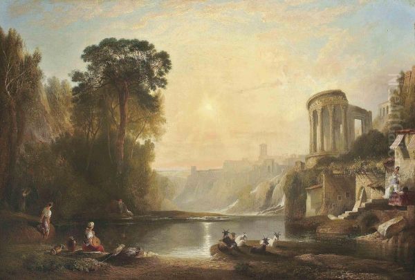 A Classical River Landscape, Sunset Oil Painting by James Baker Pyne