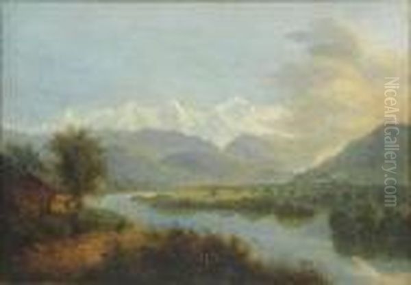 Continental River Landscape With Mountains Oil Painting by James Baker Pyne