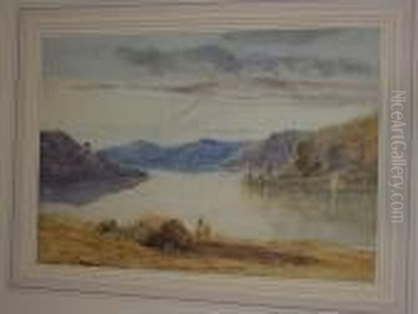 Lake Landscape With Fishermen At Thelakeside Oil Painting by James Baker Pyne