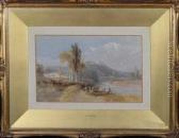 A River Landscape With Cottages In The Foreground And A Castle On Ahill In The Distance Oil Painting by James Baker Pyne