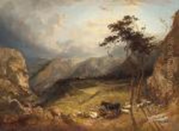 An Extensive Mountainous Landscape With Cattle And Sheep In The Foreground Oil Painting by James Baker Pyne