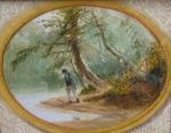 Fisherman In A Tranquil River Scene Oil Painting by James Baker Pyne