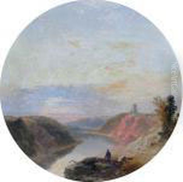 Man Before A Landscape Overlooking A River Oil Painting by James Baker Pyne