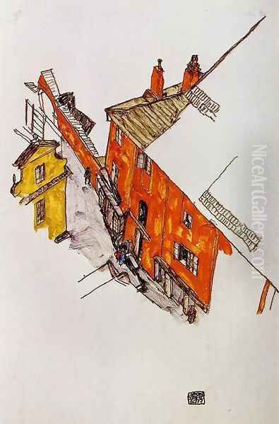 Street In Krumau Oil Painting by Egon Schiele