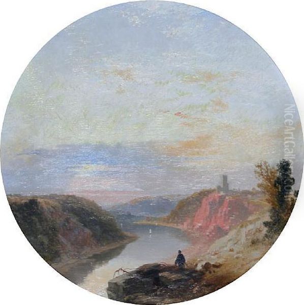 Man Before A Landscape Overlooking A River, Thought To Be The River Avon At Clifton Oil Painting by James Baker Pyne