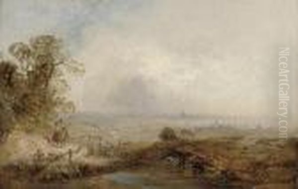 Figures On A Hillside, With London Beyond Oil Painting by James Baker Pyne