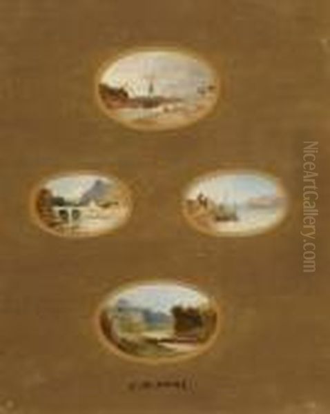 Four Landscape Miniatures In One Frame Oil Painting by James Baker Pyne